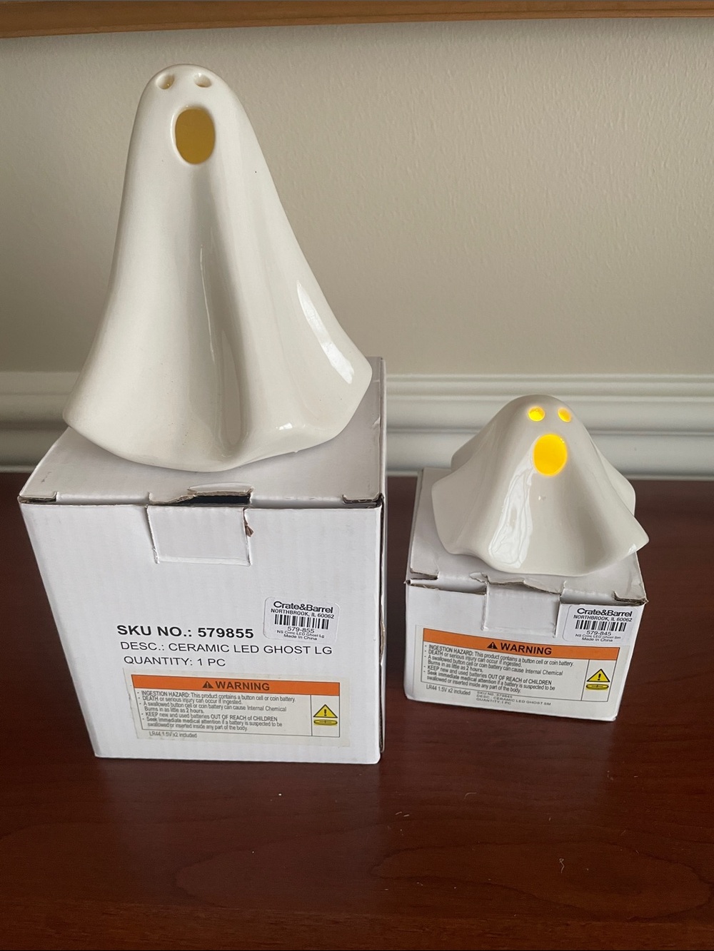 Set of 2 Retired Crate & Barrel Ceramic  LED Ghost Candles (Battery Operated)